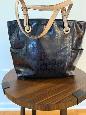 Michael Kors Black Patent Logo Tote with Tan Handles